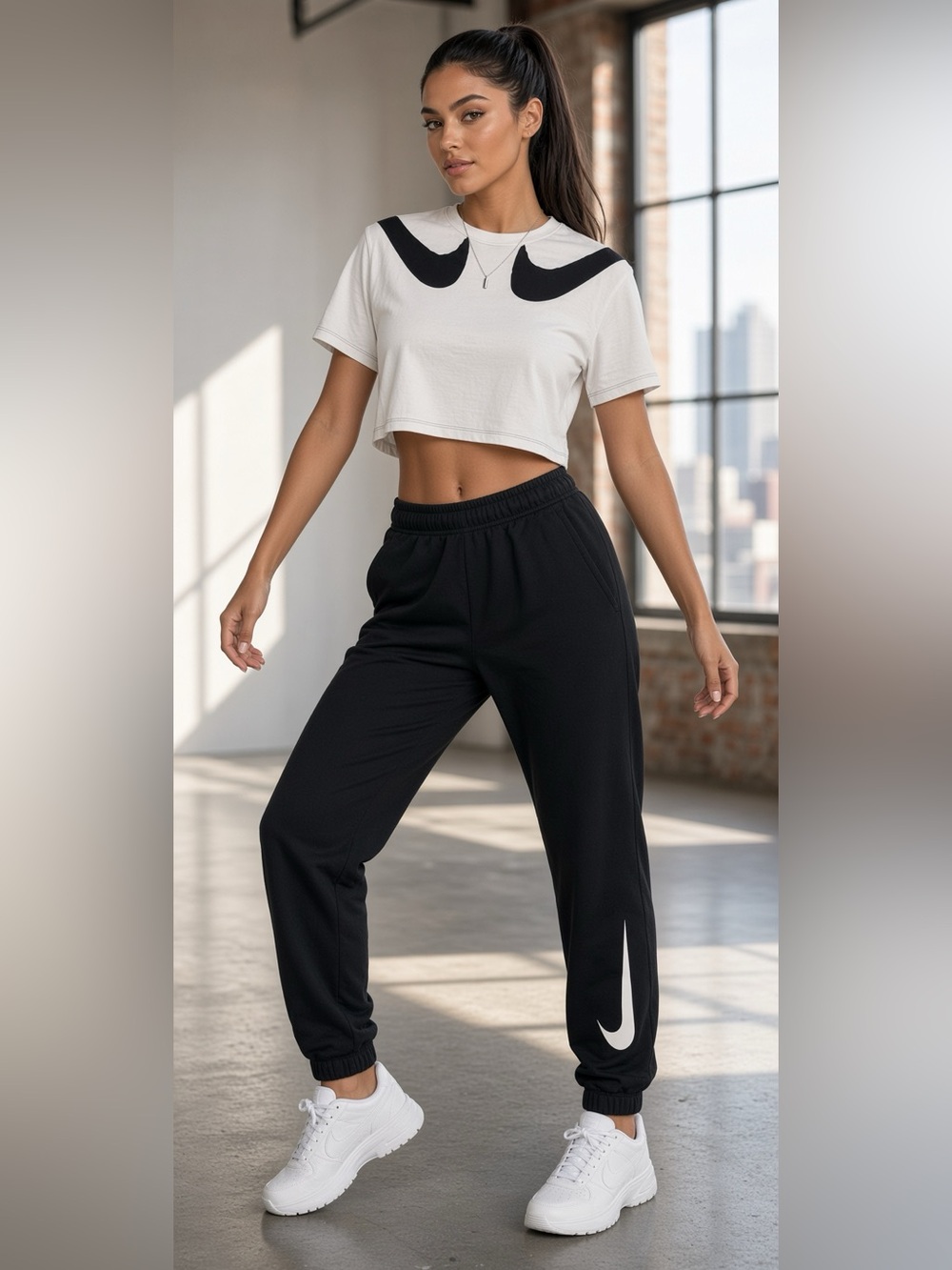 Nike Dri Fit Women's Black Joggers White  Cropped T Shirt 2PC Set SZ.S Swoosh